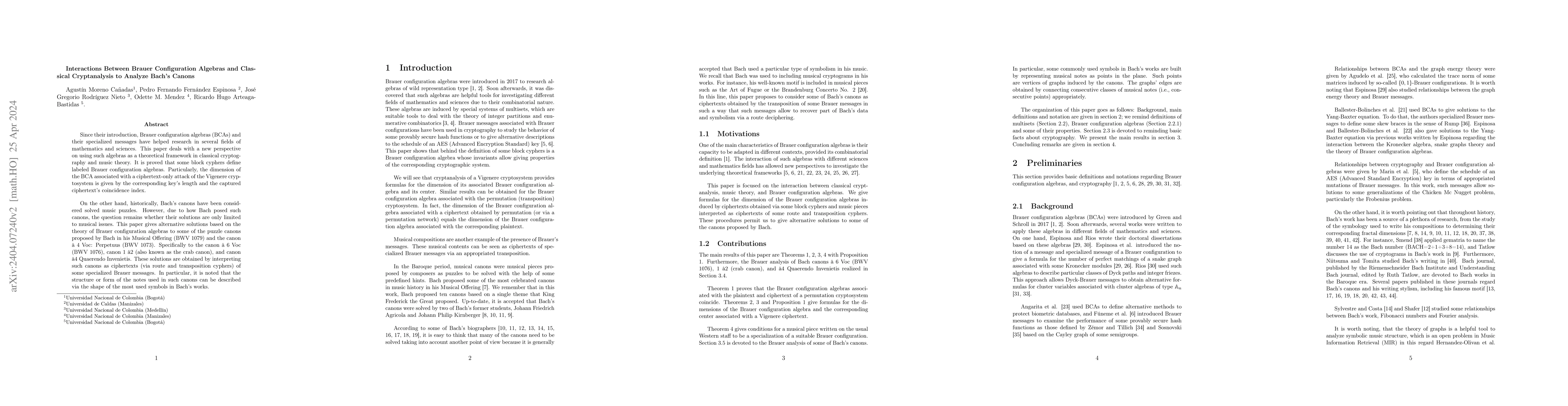 Thumbnail for Interactions Between Brauer Configuration Algebras and Classical
  Cryptanalysis to Analyze Bach's Canons