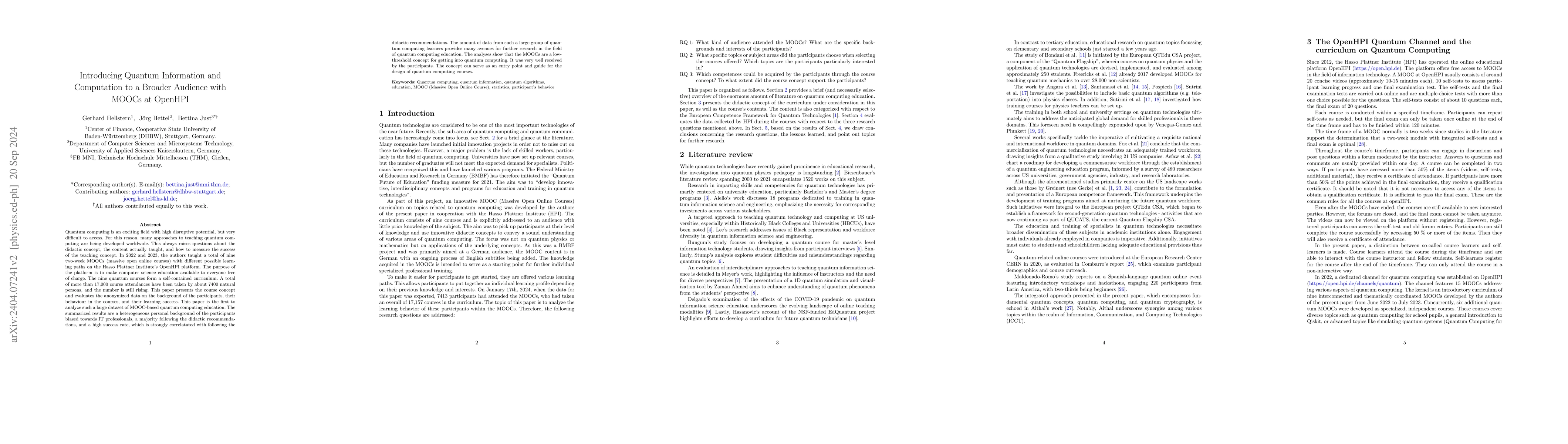 Thumbnail for Introducing Quantum Information and Computation to a Broader Audience
  with MOOCs at OpenHPI