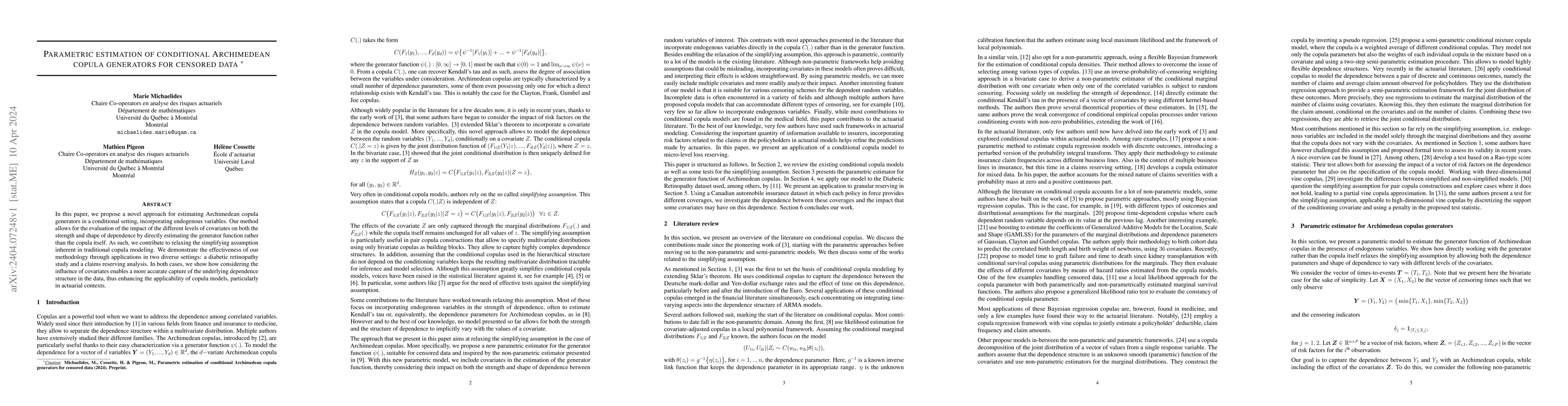 Thumbnail for Parametric estimation of conditional Archimedean copula generators for
  censored data
