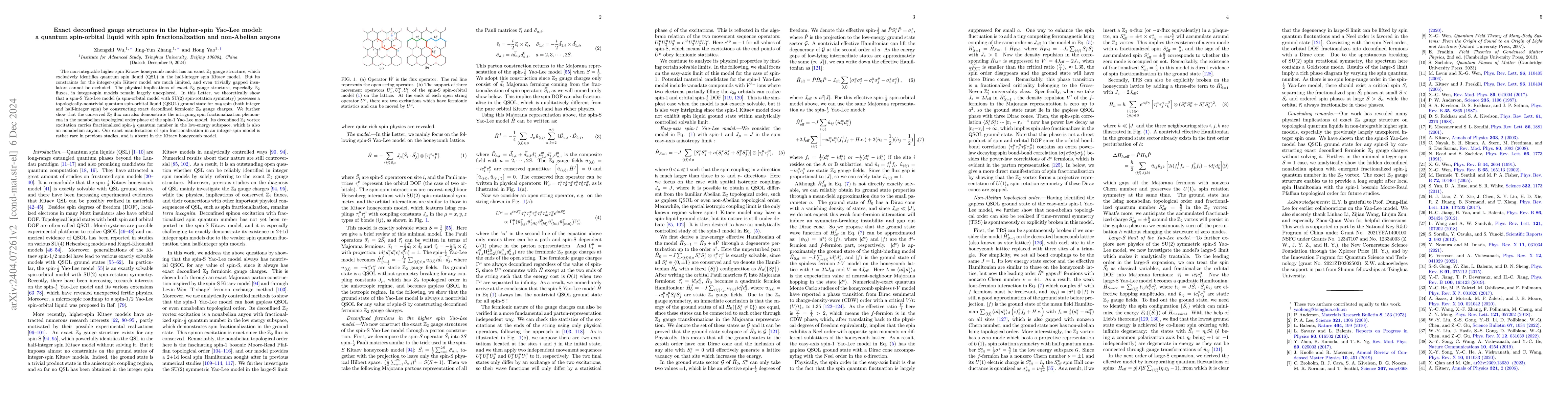 Thumbnail for Exact deconfined gauge structures in the higher-spin Yao-Lee model: a
  quantum spin-orbital liquid with spin fractionalization and non-Abelian
  anyons