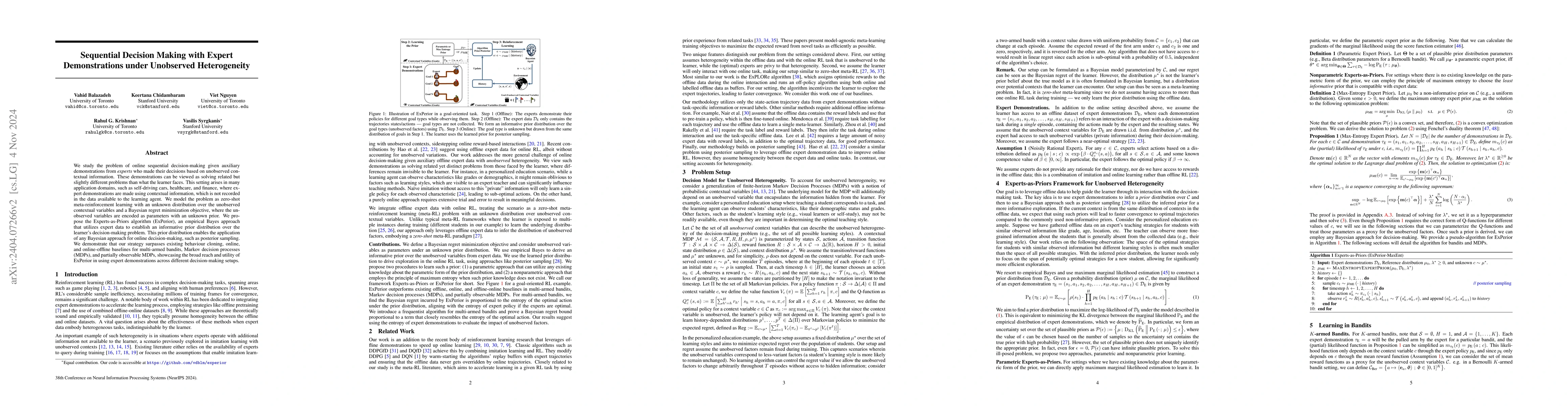 Thumbnail for Sequential Decision Making with Expert Demonstrations under Unobserved
  Heterogeneity