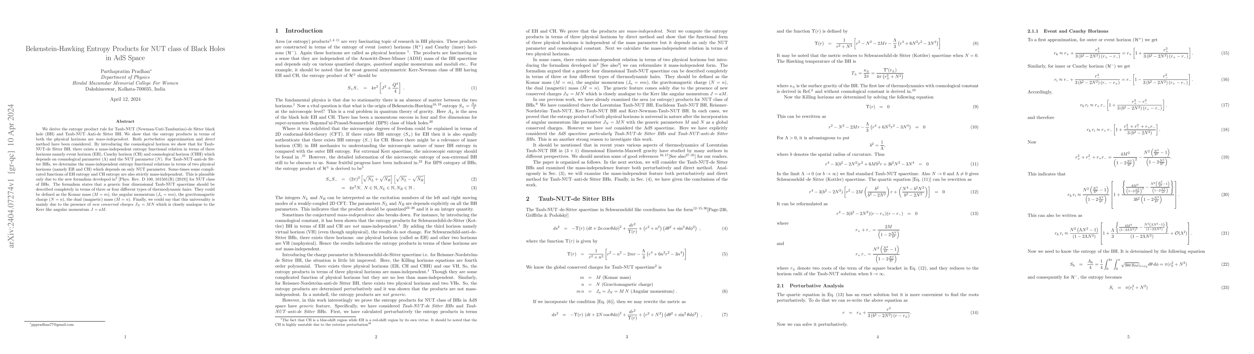 Thumbnail for Bekenstein-Hawking Entropy Products for NUT class of Black Holes in AdS
  Space