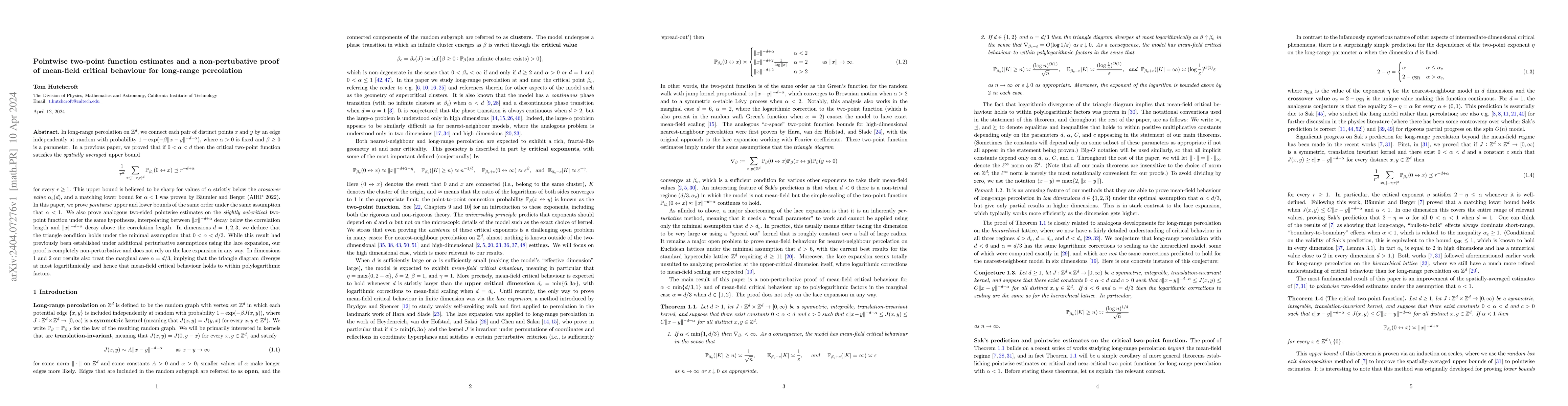Thumbnail for Pointwise two-point function estimates and a non-pertubative proof of
  mean-field critical behaviour for long-range percolation