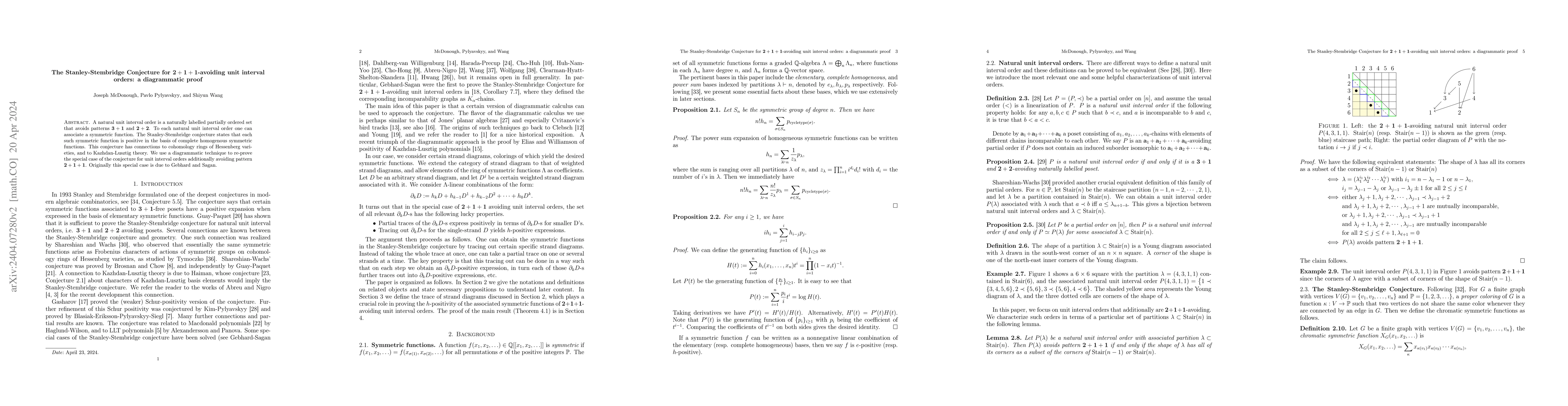 Thumbnail for The Stanley-Stembridge Conjecture for $\bf 2 + 1 +1$-avoiding unit
  interval orders: a diagrammatic proof