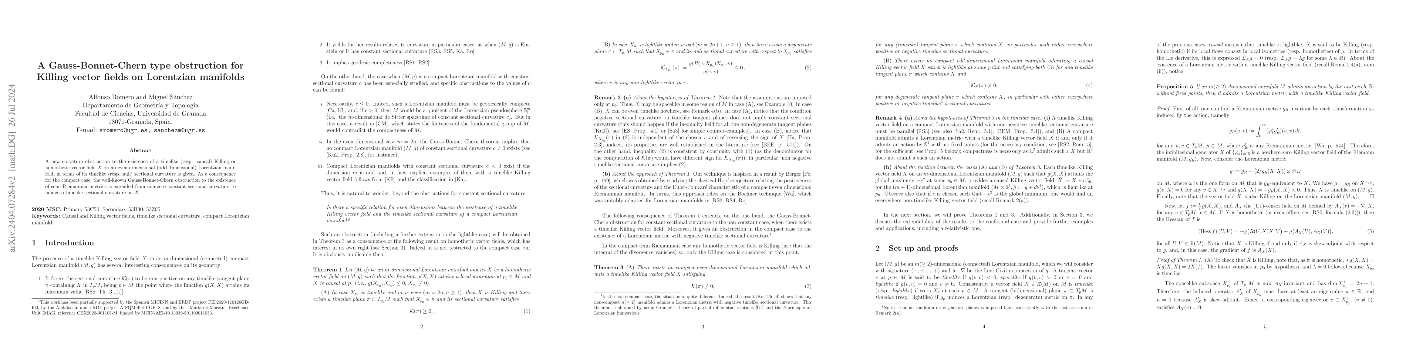Thumbnail for A Gauss-Bonnet-Chern type obstruction for Killing vector fields on
  Lorentzian manifolds