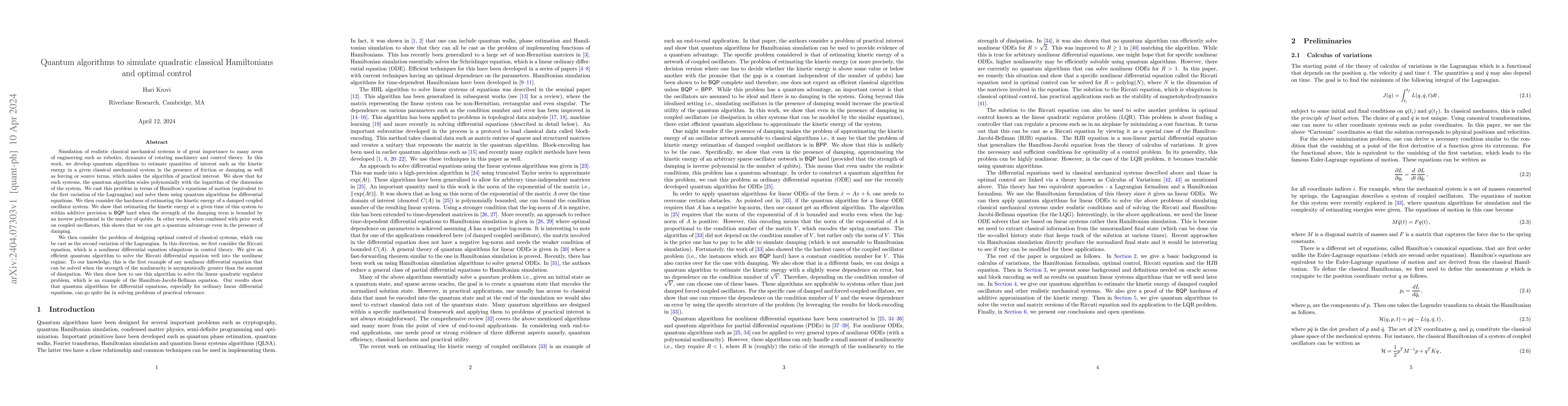Thumbnail for Quantum algorithms to simulate quadratic classical Hamiltonians and
  optimal control