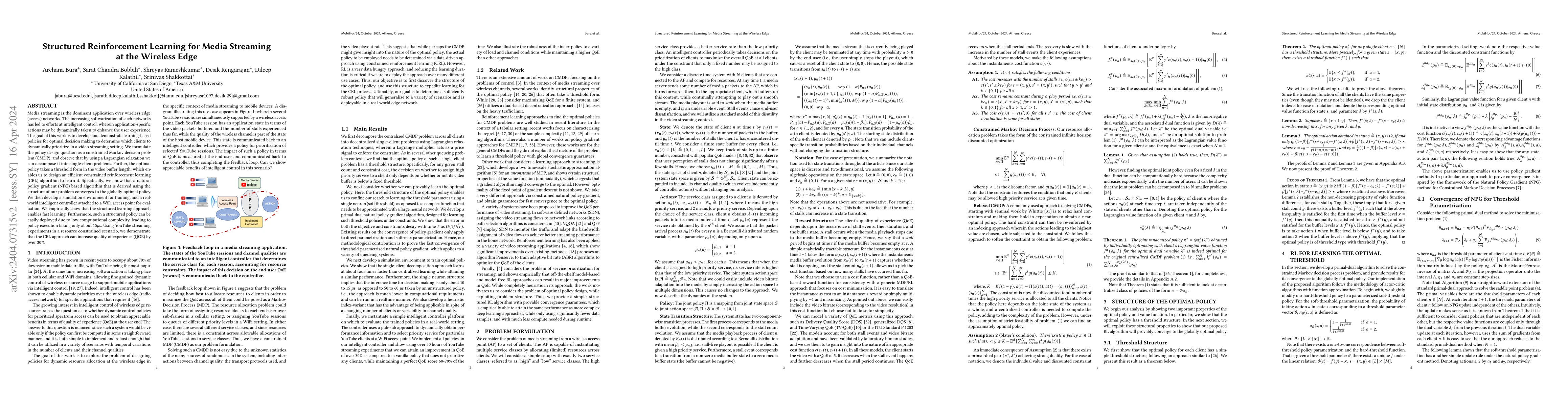 Thumbnail for Structured Reinforcement Learning for Media Streaming at the Wireless
  Edge