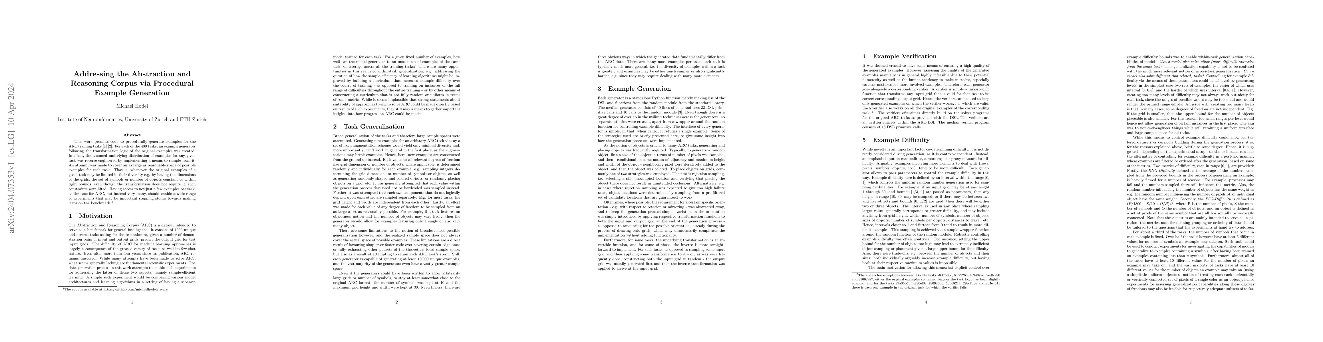 Thumbnail for Addressing the Abstraction and Reasoning Corpus via Procedural Example
  Generation