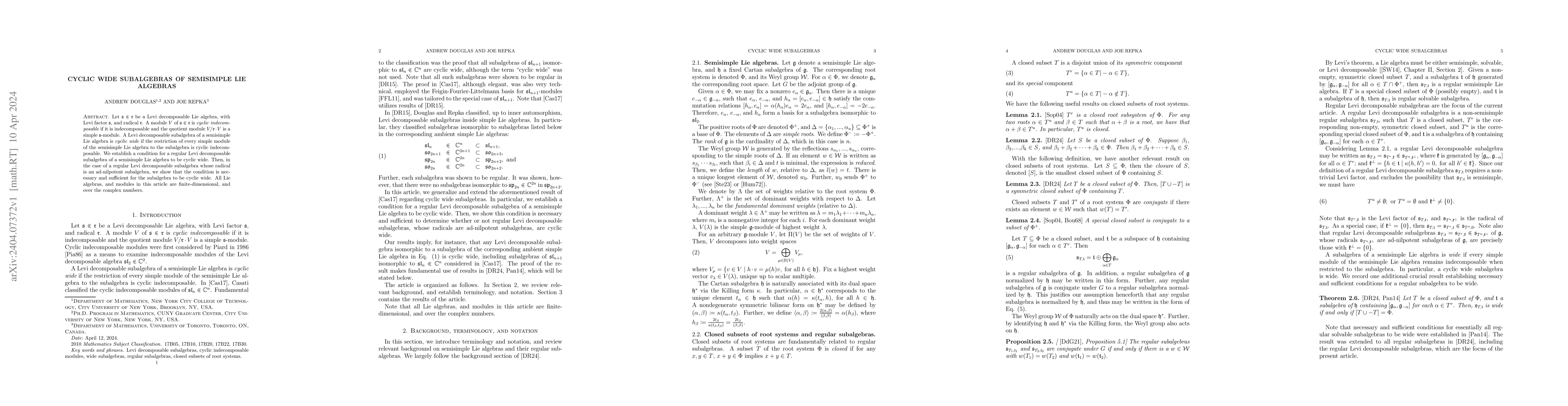Thumbnail for Cyclic wide subalgebras of semisimple Lie algebras