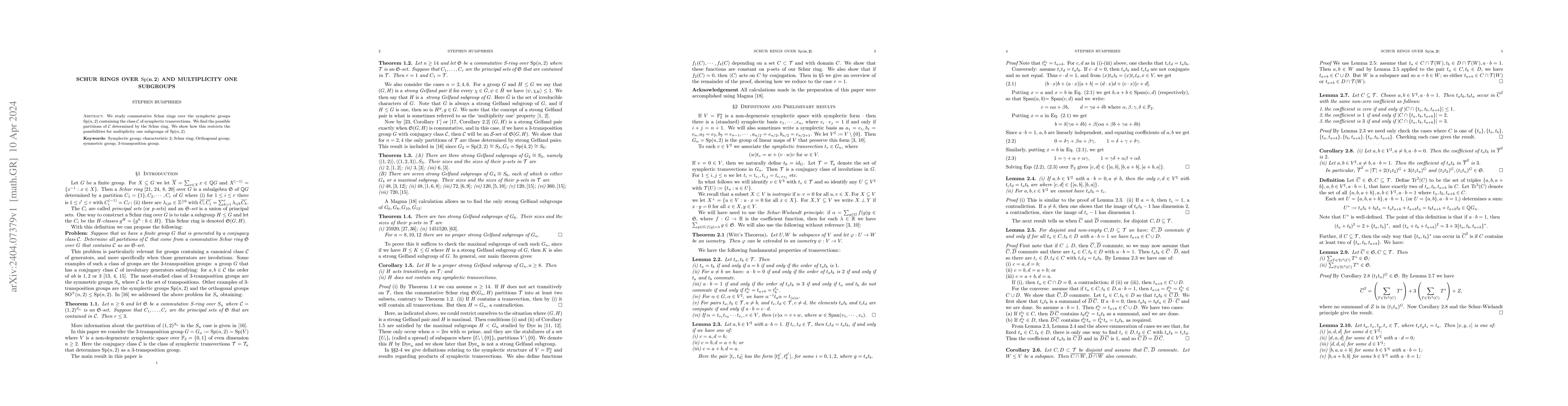 Thumbnail for Schur rings over ${\bf {\rm Sp}(n,2)}$ and multiplicity one subgroups