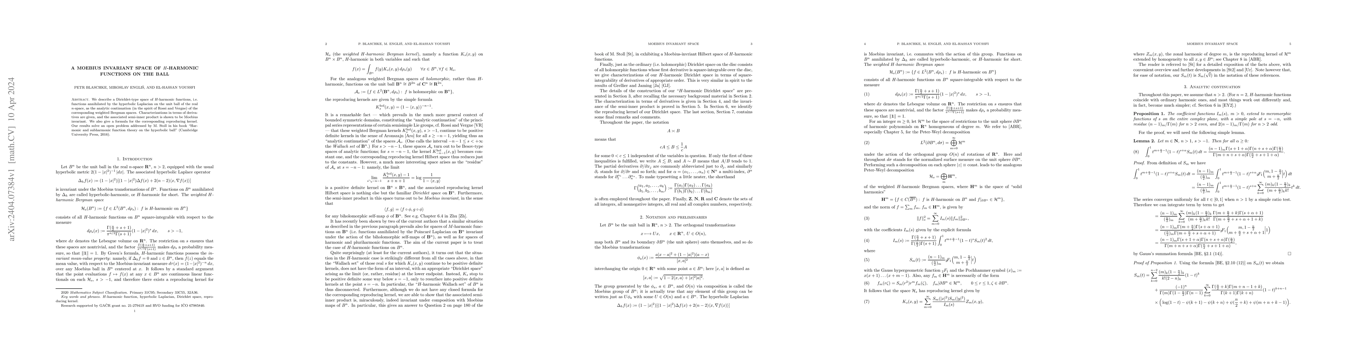 Thumbnail for A~Moebius invariant space of $H$-harmonic functions on the ball