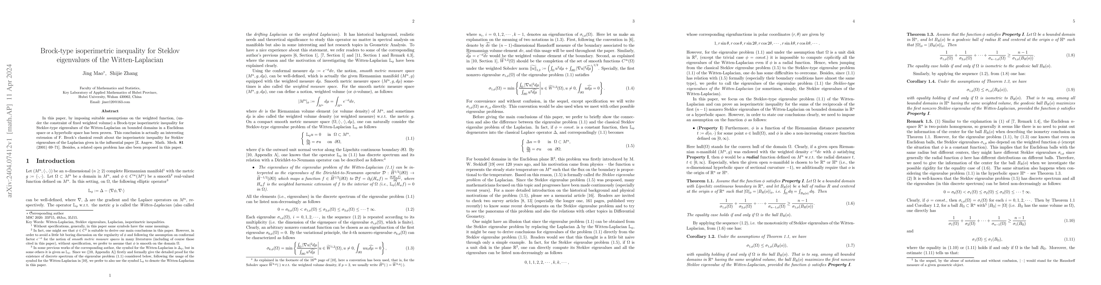 Thumbnail for Brock-type isoperimetric inequality for Steklov eigenvalues of the
  Witten-Laplacian