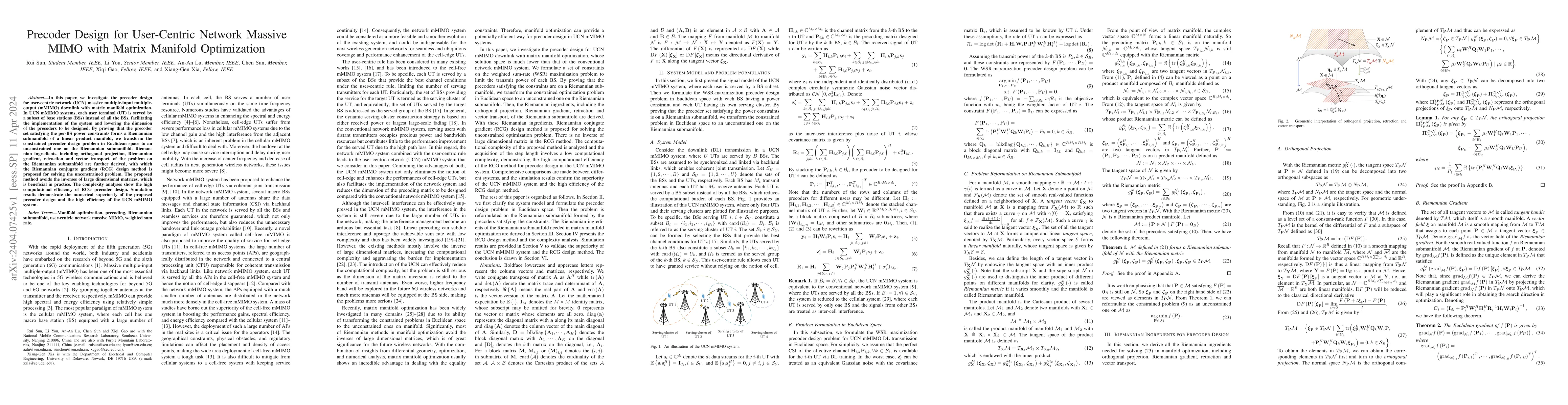 Thumbnail for Precoder Design for User-Centric Network Massive MIMO with Matrix
  Manifold Optimization