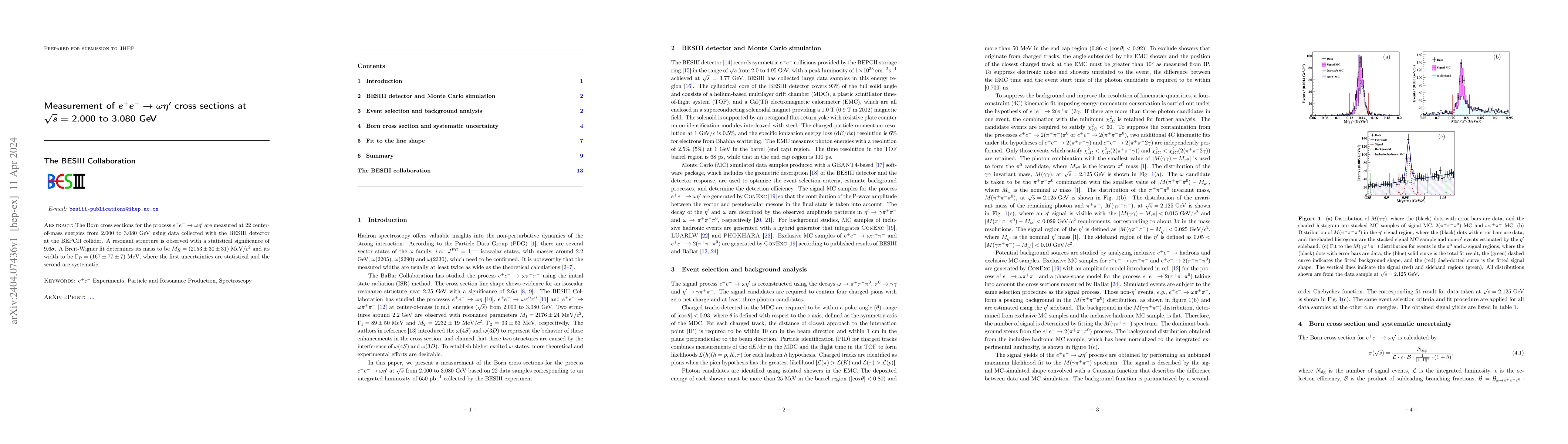 Thumbnail for Measurement of $e^{+}e^{-}\to \omega\eta^{\prime}$ cross sections at
  $\sqrt{s}=$ 2.000 to 3.080 GeV