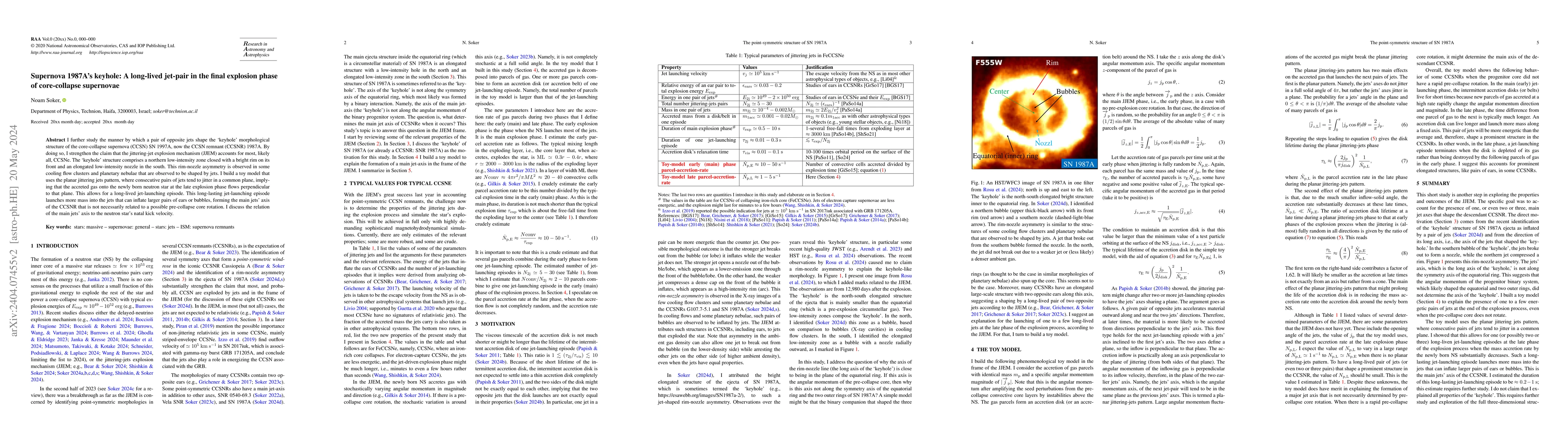 Thumbnail for Supernova 1987A's keyhole: A long-lived jet-pair in the final explosion
  phase of core-collapse supernovae