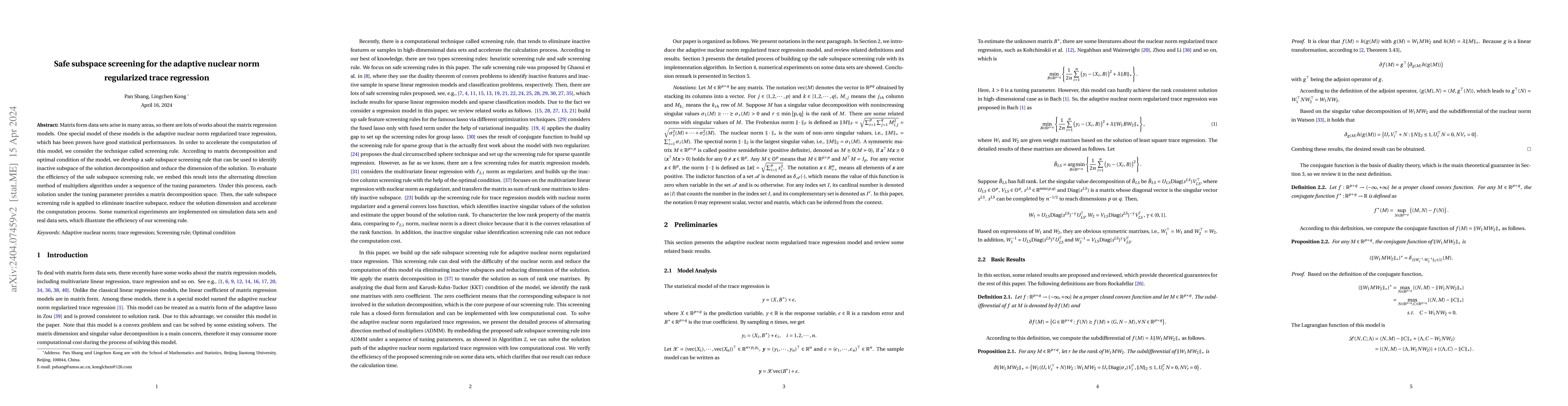Thumbnail for Safe subspace screening for the adaptive nuclear norm regularized trace
  regression