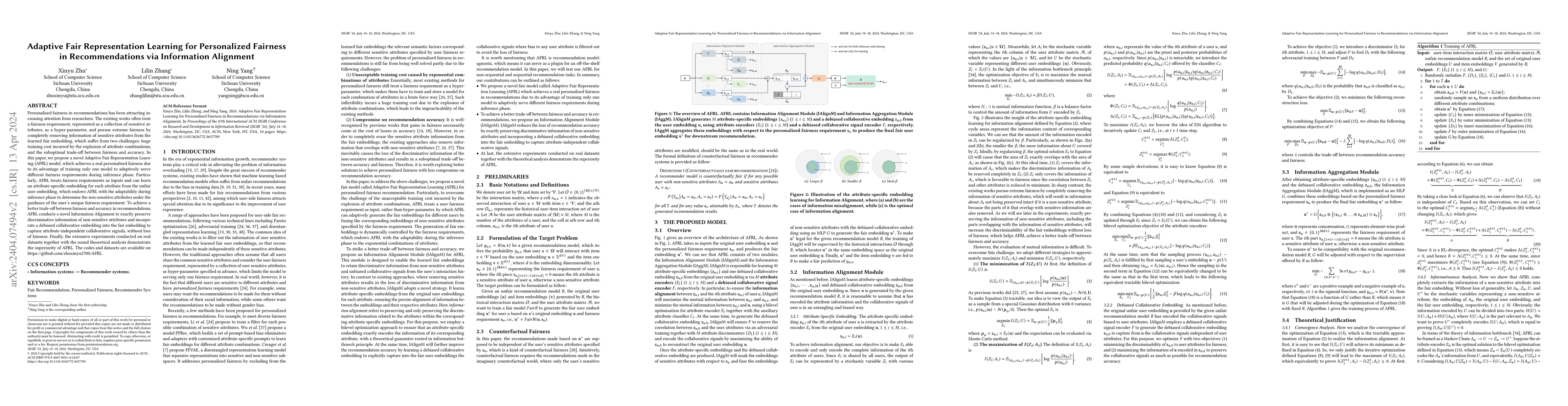 Thumbnail for Adaptive Fair Representation Learning for Personalized Fairness in
  Recommendations via Information Alignment