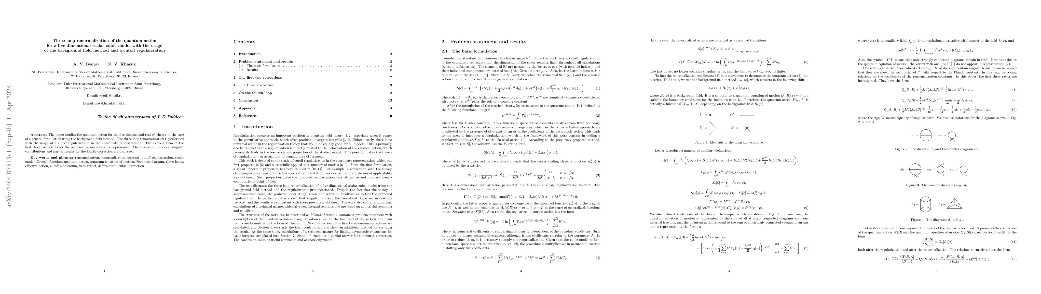 Thumbnail for Three-loop renormalization of the quantum action for a five-dimensional
  scalar cubic model with the usage of the background field method and a cutoff
  regularization