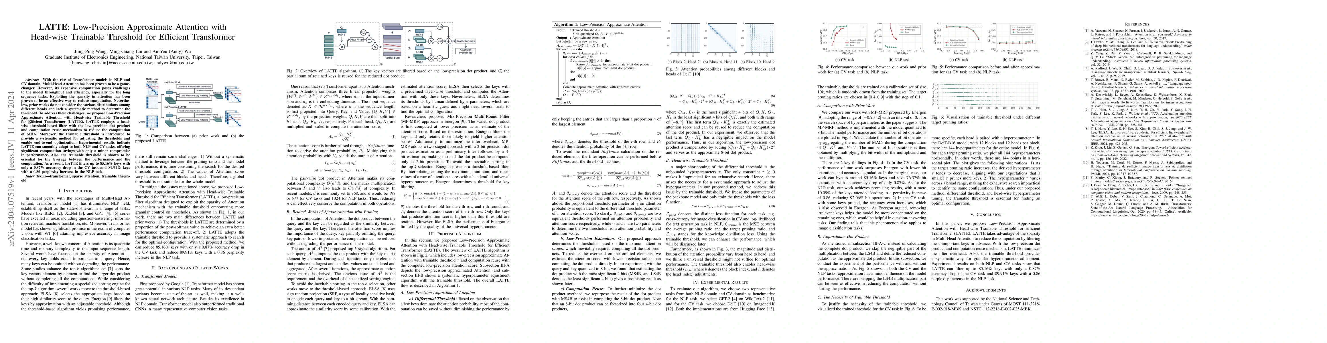 Thumbnail for LATTE: Low-Precision Approximate Attention with Head-wise Trainable
  Threshold for Efficient Transformer