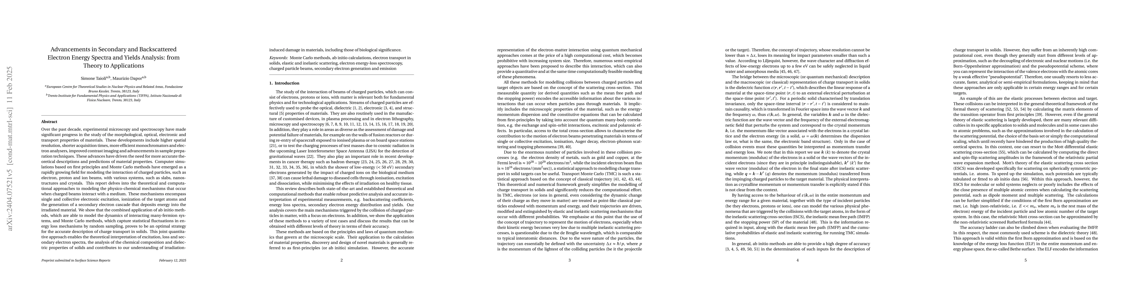 Thumbnail for Advancements in Secondary and Backscattered Electron Energy Spectra and
  Yields Analysis: from Theory to Applications