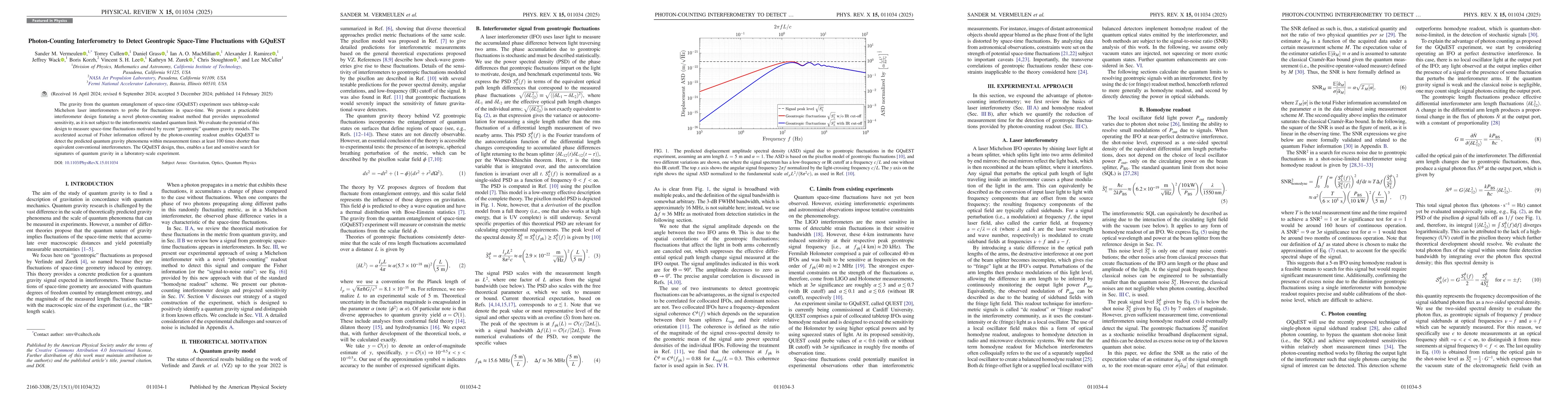 Thumbnail for Photon Counting Interferometry to Detect Geontropic Space-Time
  Fluctuations with GQuEST