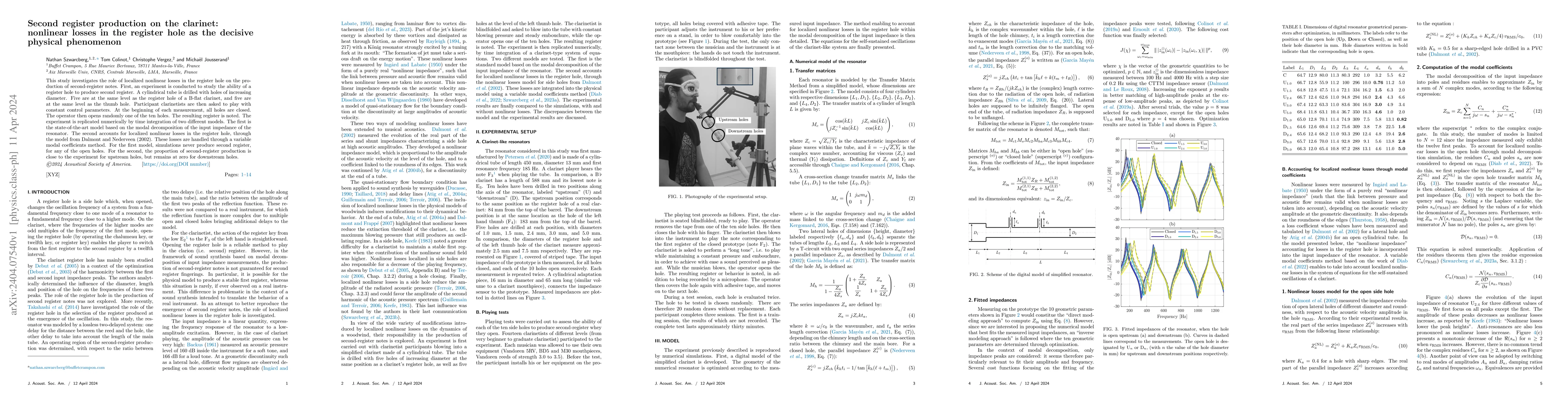 Thumbnail for Second register production on the clarinet: nonlinear losses in the
  register hole as the decisive physical phenomenon