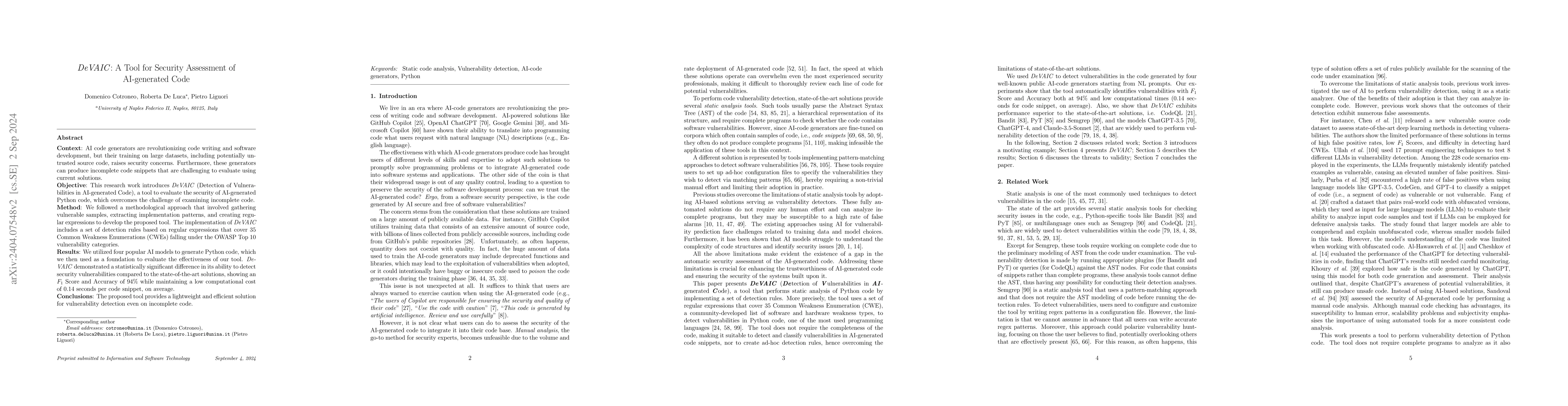 Thumbnail for DeVAIC: A Tool for Security Assessment of AI-generated Code