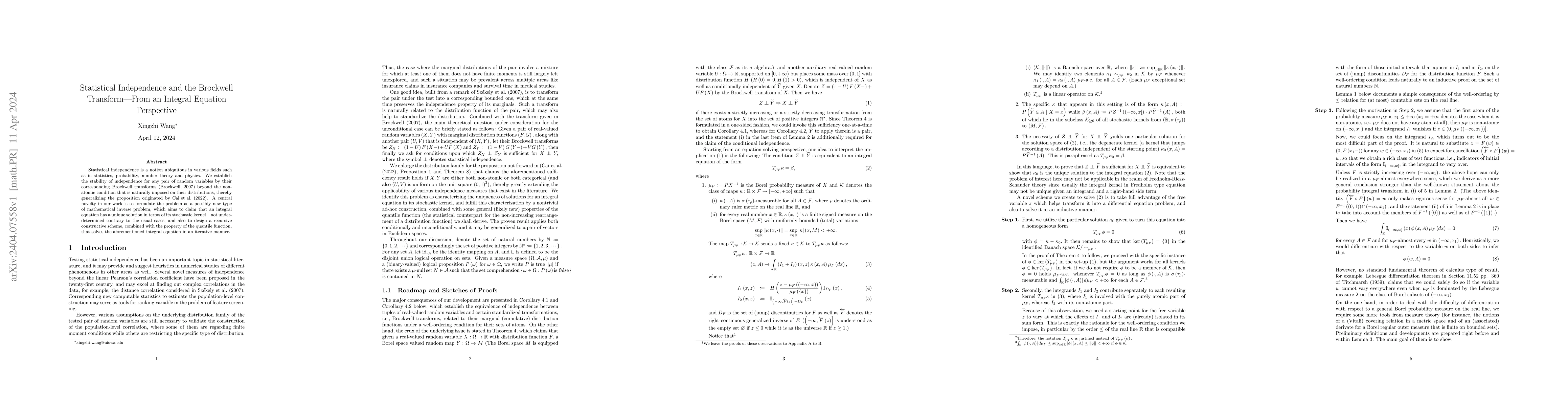 Thumbnail for Statistical Independence and the Brockwell Transform -- From an Integral
  Equation Perspective