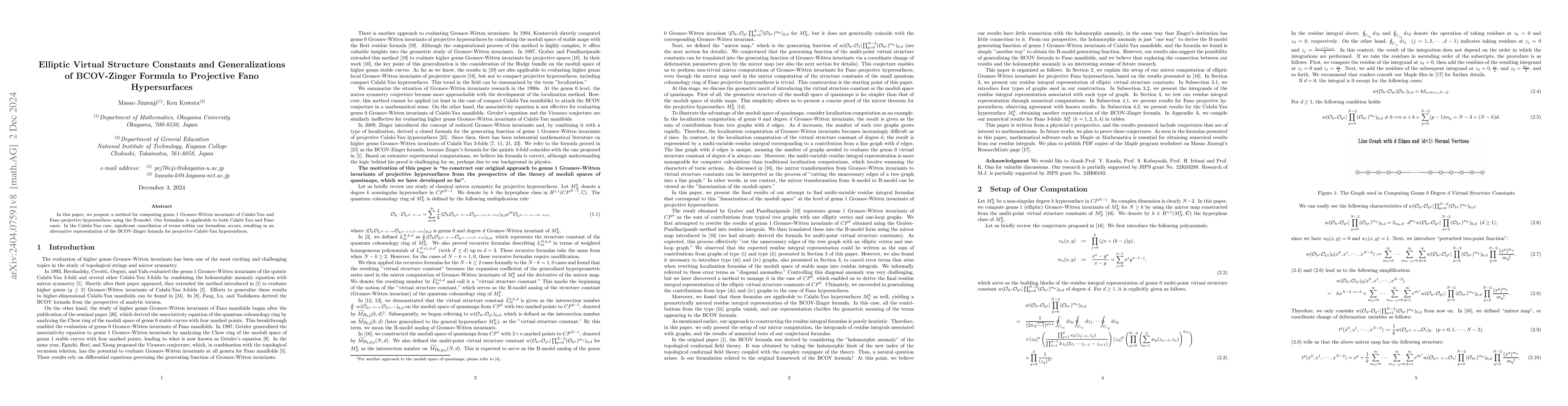 Thumbnail for Elliptic Virtual Structure Constants and Generalizations of BCOV-Zinger
  Formula to Projective Fano Hypersurfaces