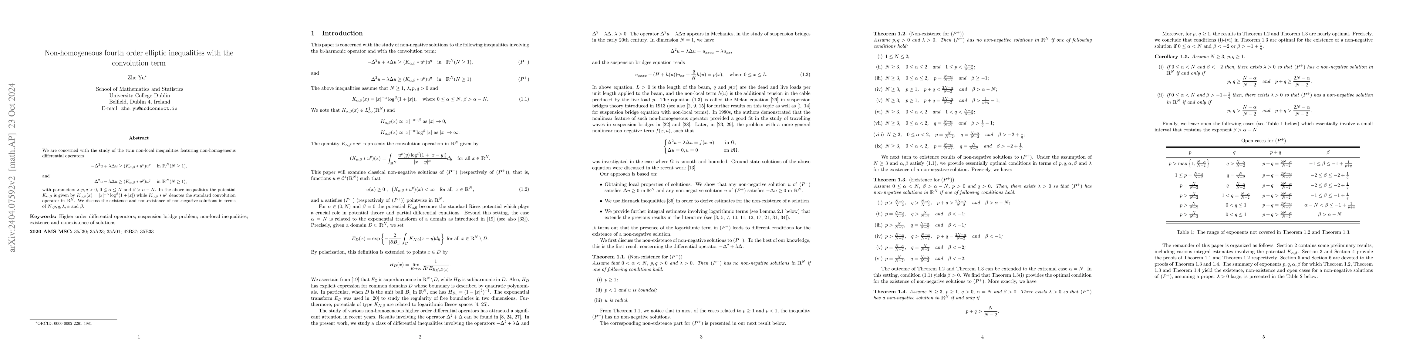 Thumbnail for Non-homogeneous fourth order elliptic inequalities with a convolution
  term motivated by the suspension bridge problem