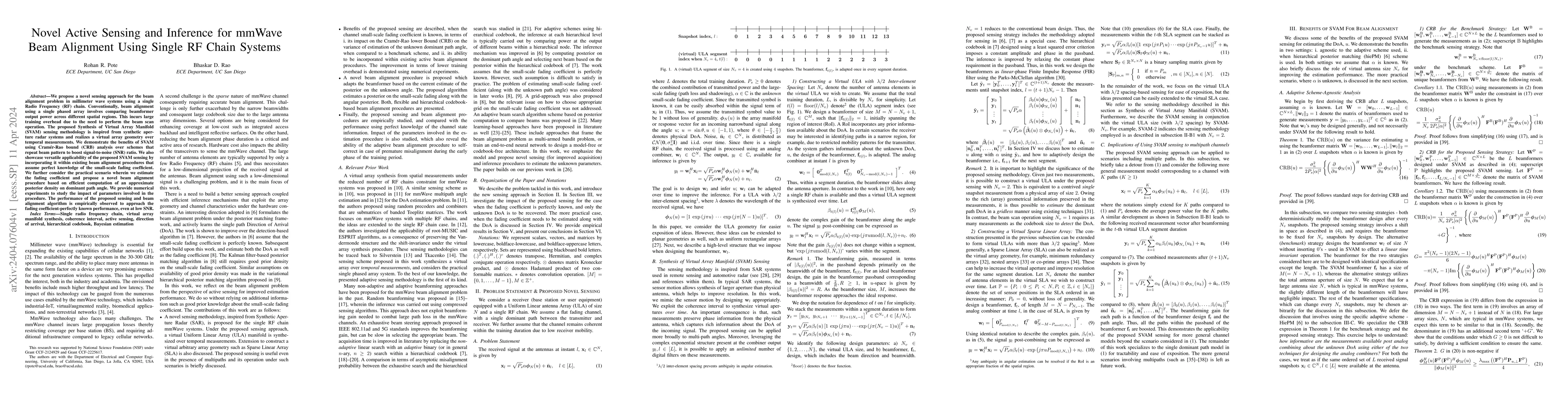 Thumbnail for Novel Active Sensing and Inference for mmWave Beam Alignment Using
  Single RF Chain Systems
