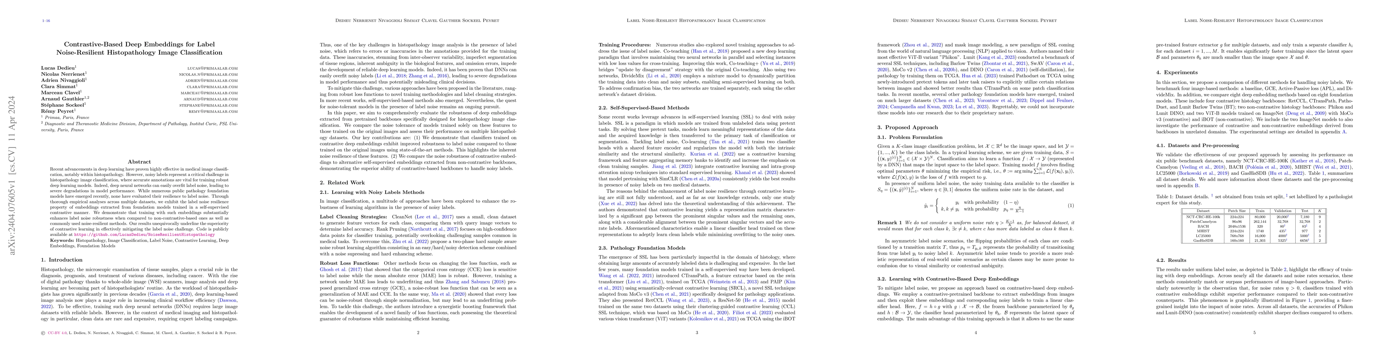 Thumbnail for Contrastive-Based Deep Embeddings for Label Noise-Resilient
  Histopathology Image Classification