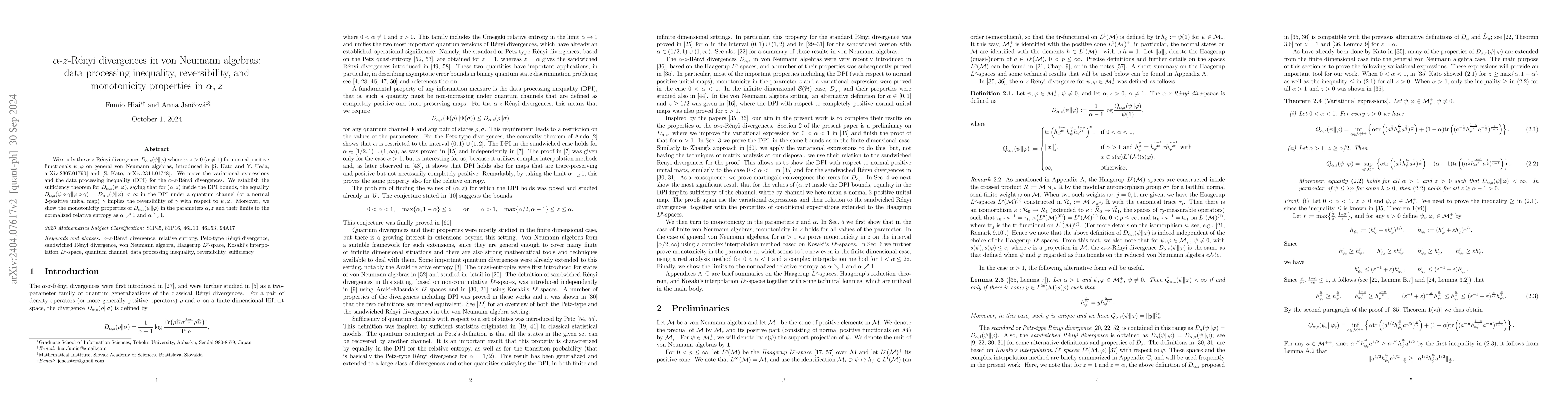 Thumbnail for $\alpha$-$z$-R\'enyi divergences in von Neumann algebras:
  data-processing inequality, reversibility, and monotonicity properties in
  $\alpha,z$