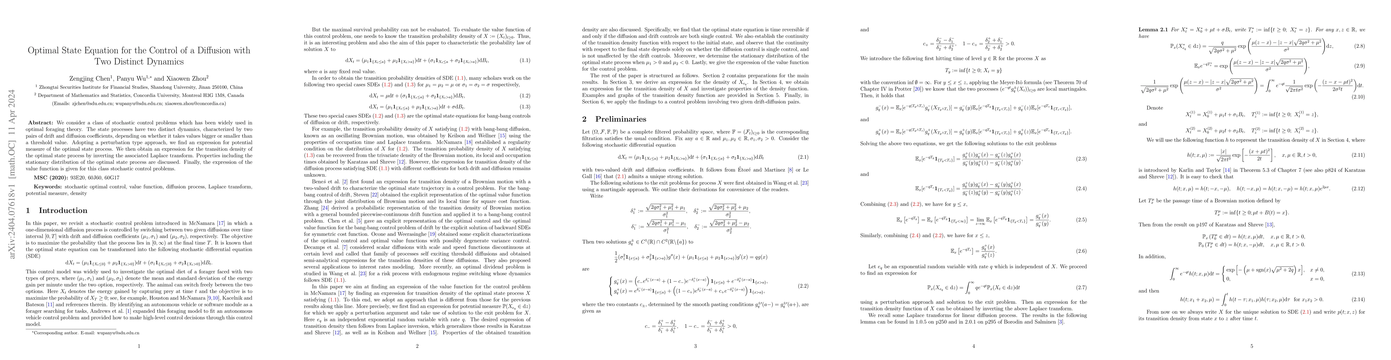 Thumbnail for Optimal State Equation for the Control of a Diffusion with Two Distinct
  Dynamics