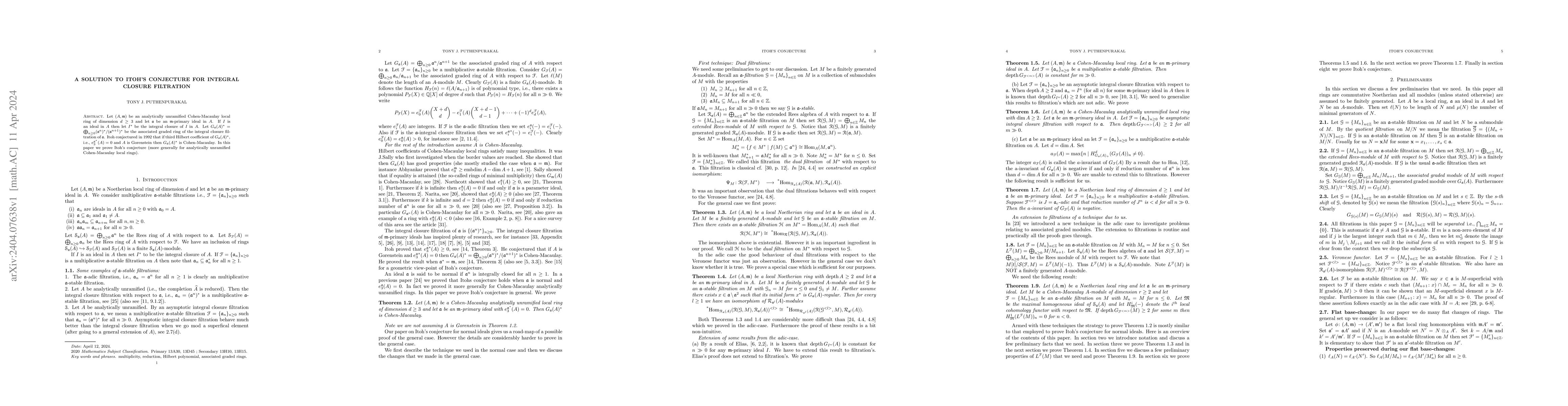 Thumbnail for A solution to Itoh's conjecture for integral closure filtration