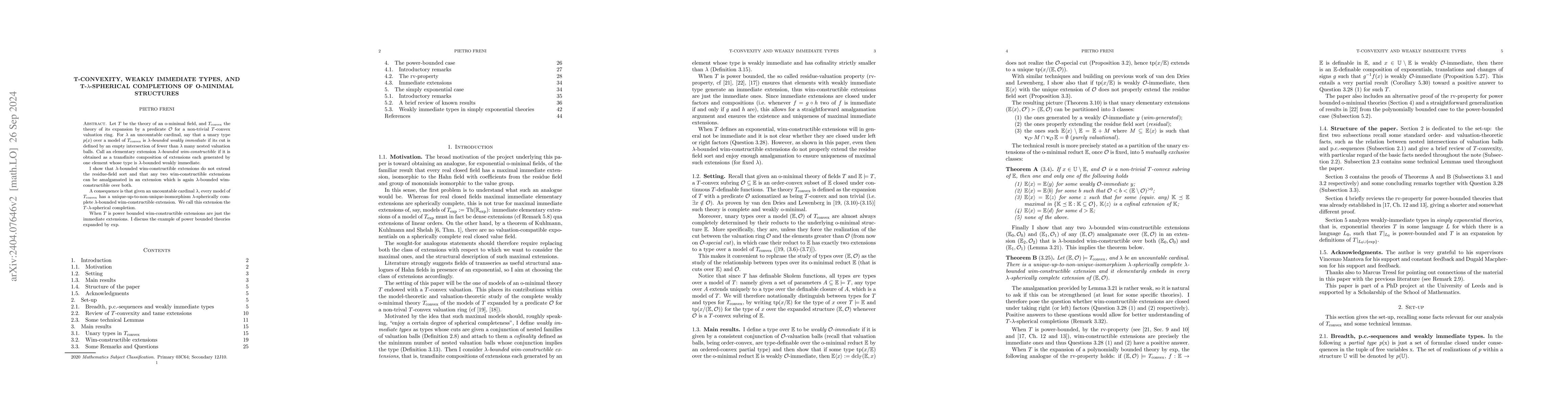 Thumbnail for T-convexity, Weakly Immediate Types and $T$-$\lambda$-Spherical
  Completions of o-minimal Structures