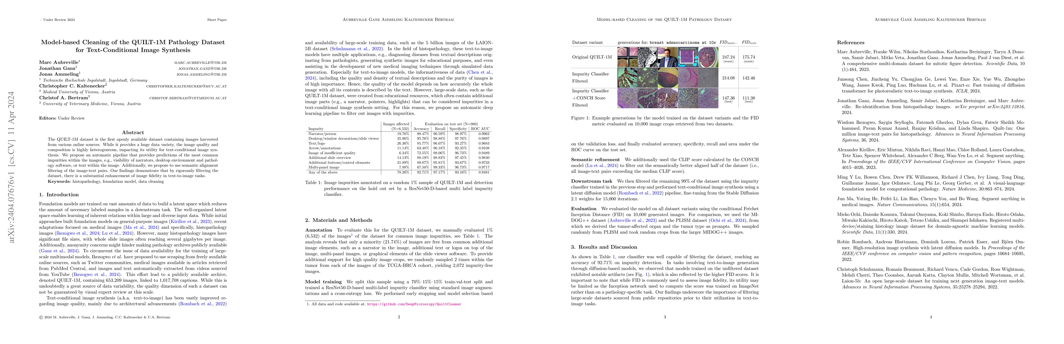 Thumbnail for Model-based Cleaning of the QUILT-1M Pathology Dataset for
  Text-Conditional Image Synthesis