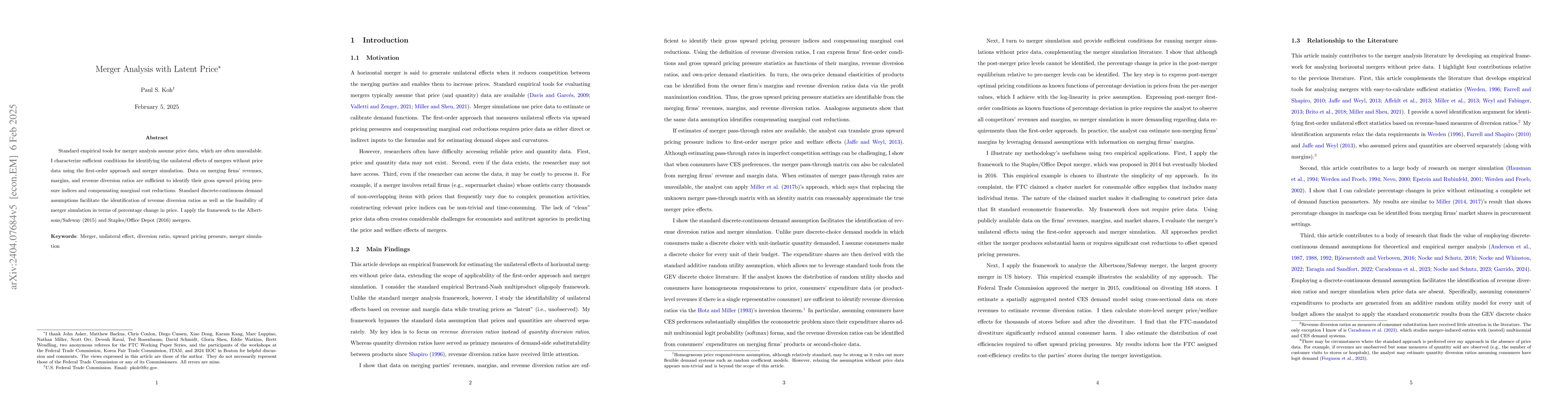 Thumbnail for Merger Analysis with Latent Price