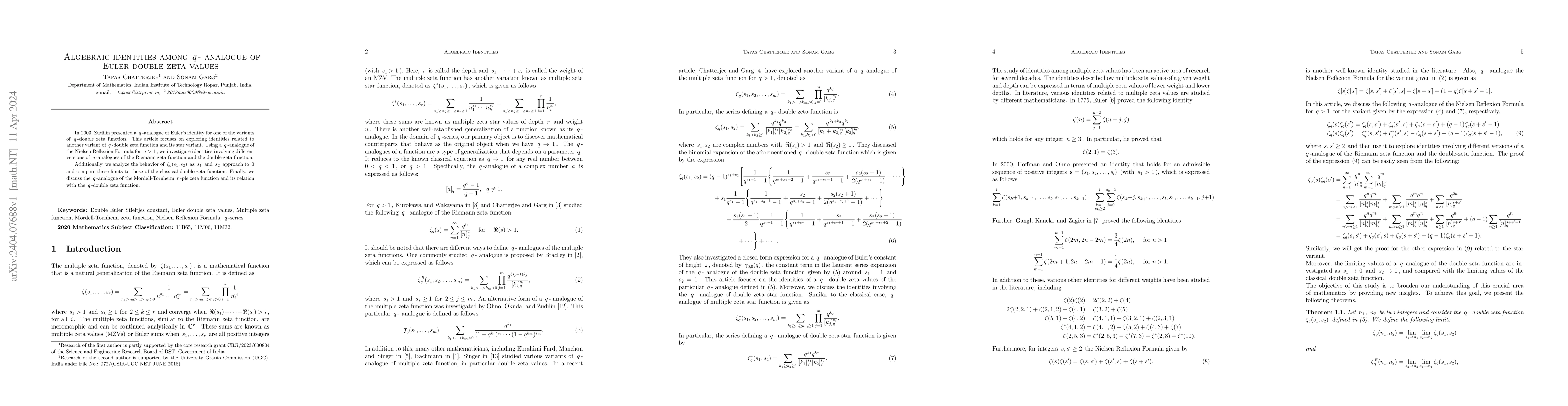 Thumbnail for Algebraic identities among $q$- analogue of Euler double zeta values