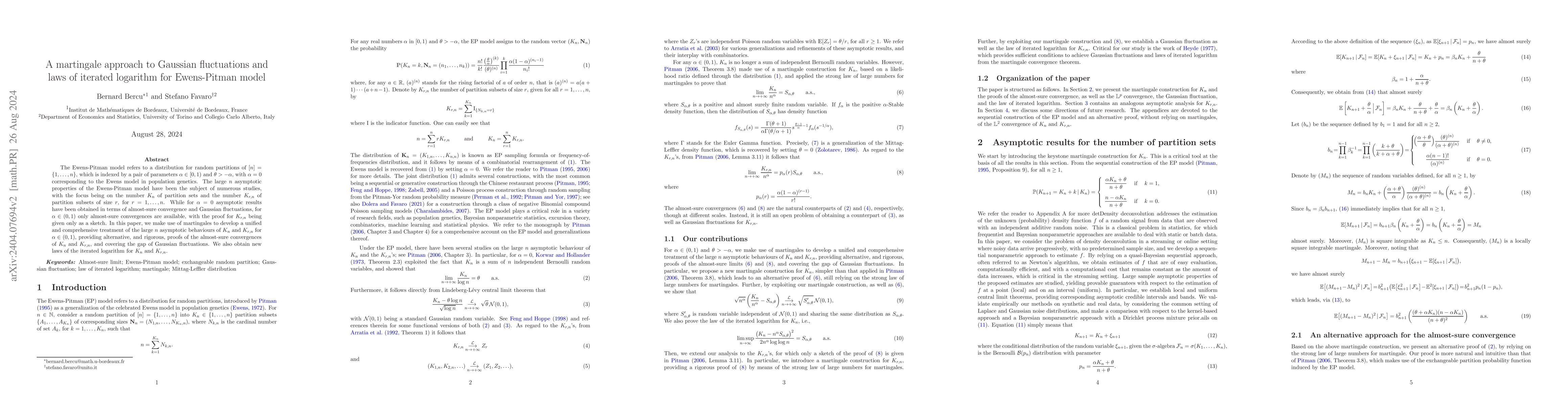 Thumbnail for A martingale approach to Gaussian fluctuations and laws of iterated
  logarithm for Ewens-Pitman model