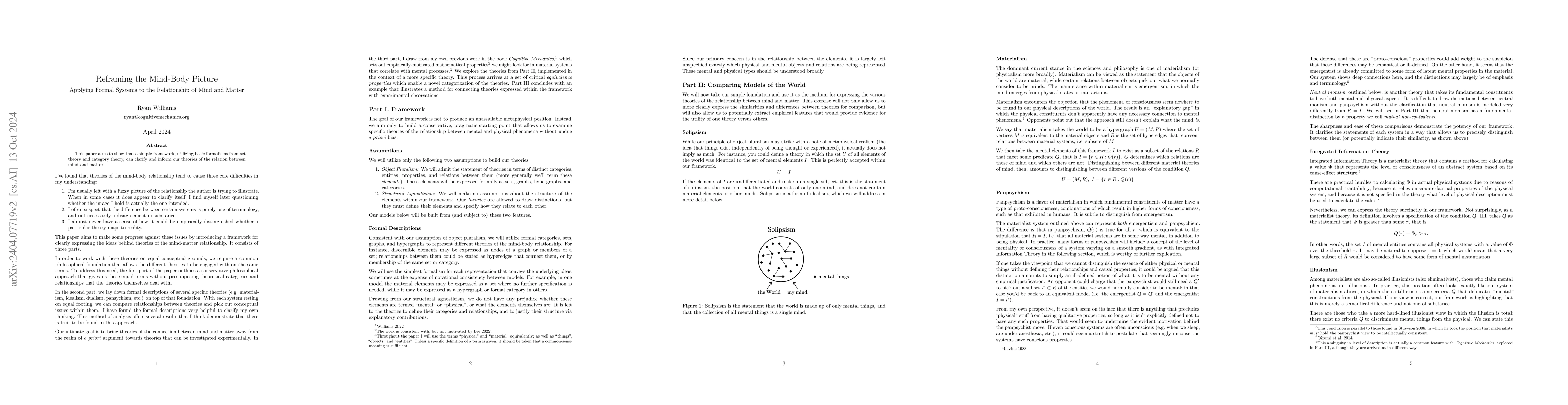 Thumbnail for Reframing the Mind-Body Picture: Applying Formal Systems to the
  Relationship of Mind and Matter
