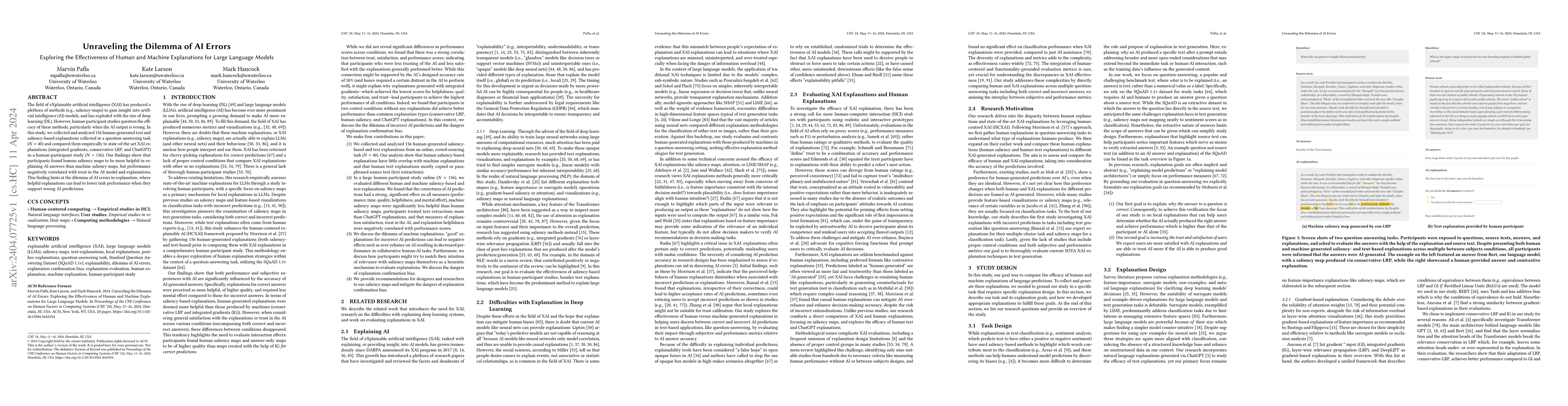 Thumbnail for Unraveling the Dilemma of AI Errors: Exploring the Effectiveness of
  Human and Machine Explanations for Large Language Models