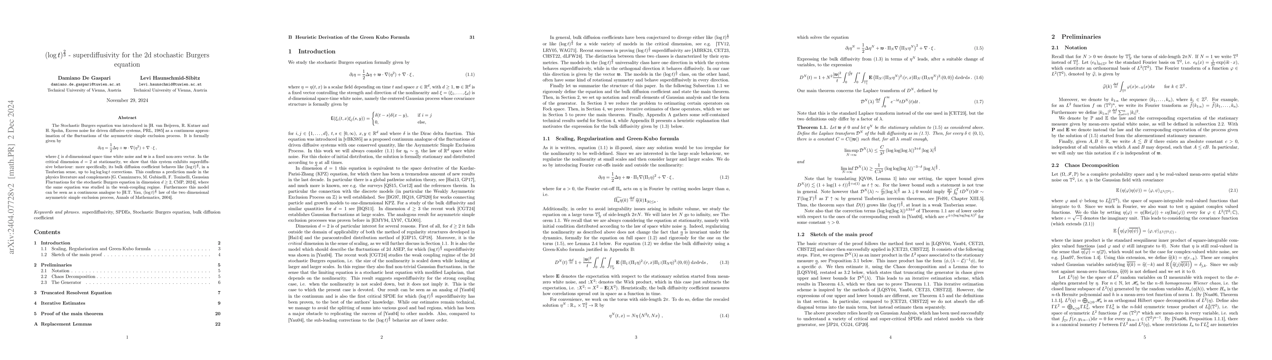 Thumbnail for $(\log t)^\frac{2}{3}$-superdiffusivity for the 2d stochastic Burgers
  equation
