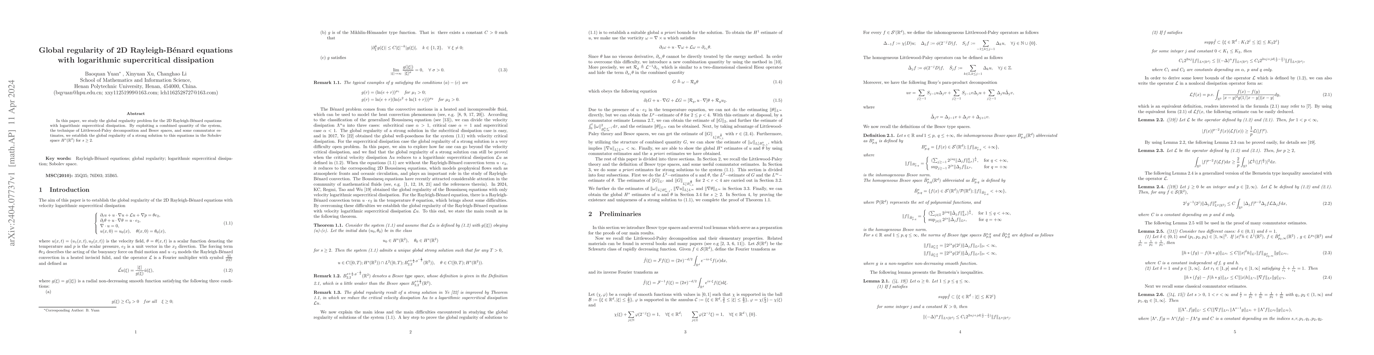 Thumbnail for Global regularity of 2D Rayleigh-B\'{e}nard equations with logarithmic
  supercritical dissipation