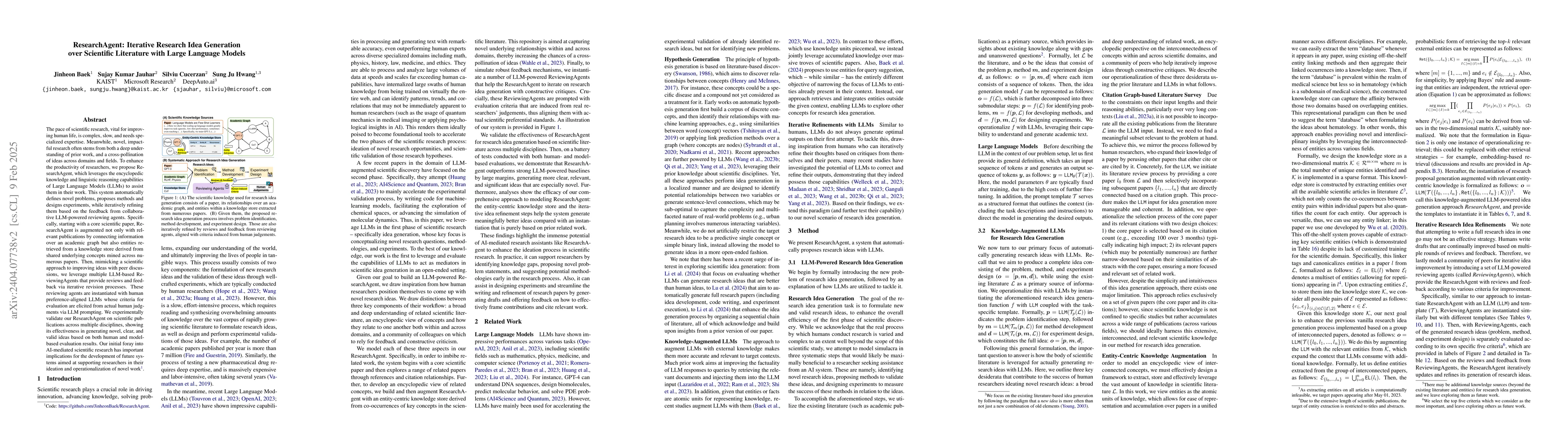 Thumbnail for ResearchAgent: Iterative Research Idea Generation over Scientific
  Literature with Large Language Models