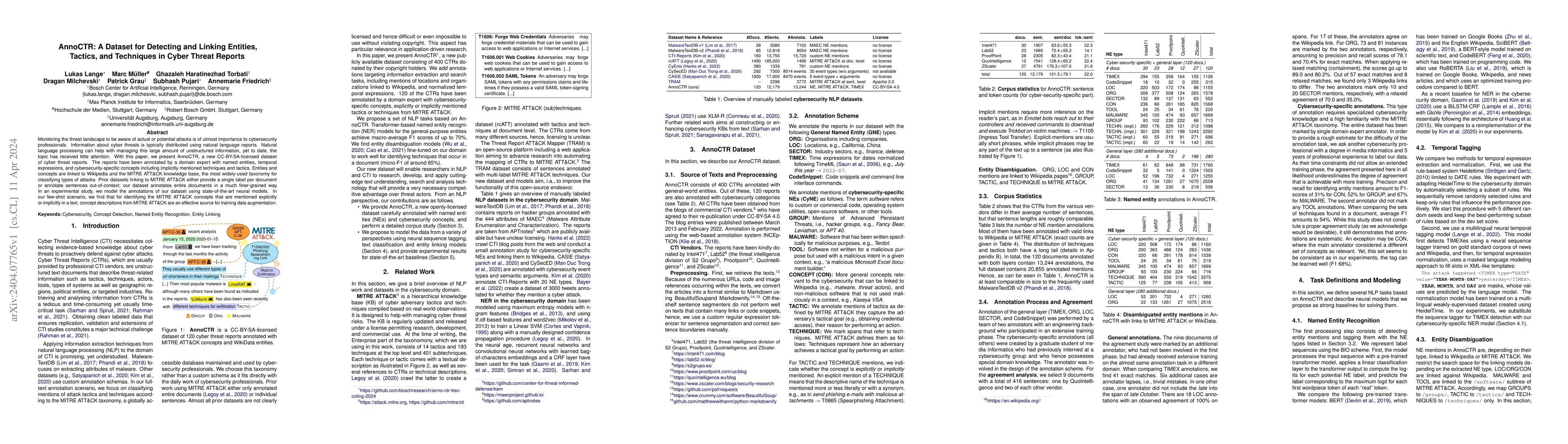 Thumbnail for AnnoCTR: A Dataset for Detecting and Linking Entities, Tactics, and
  Techniques in Cyber Threat Reports
