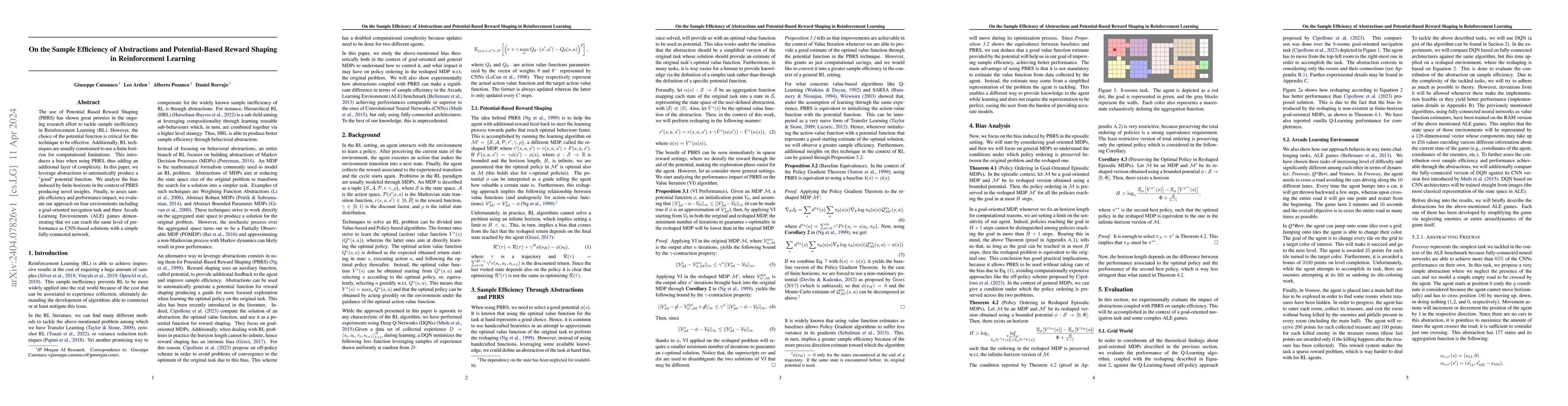Thumbnail for On the Sample Efficiency of Abstractions and Potential-Based Reward
  Shaping in Reinforcement Learning