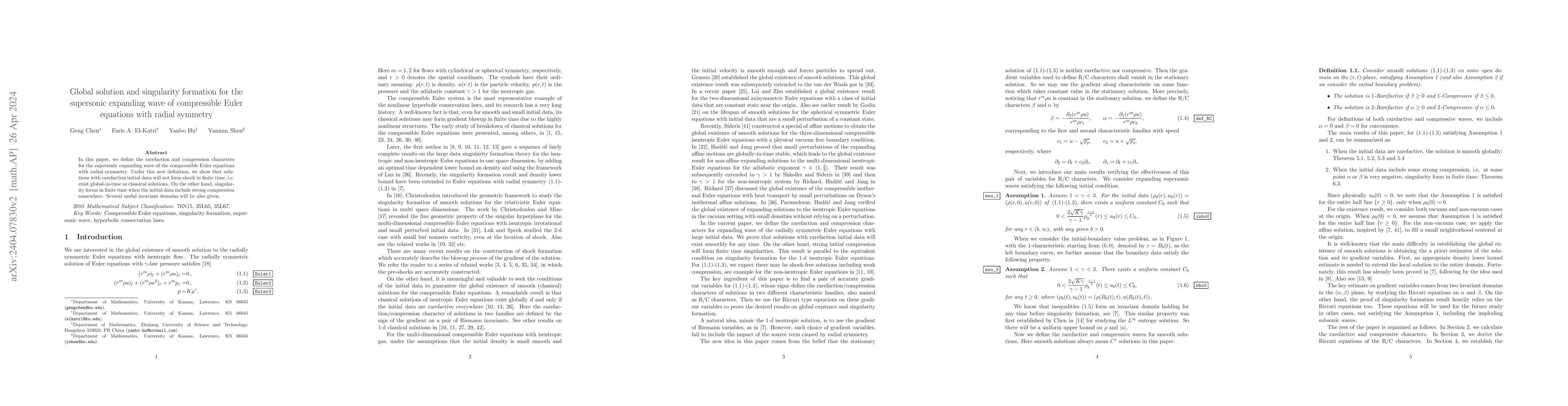 Thumbnail for Global solution and singularity formation for the supersonic expanding
  wave of compressible Euler equations with radial symmetry