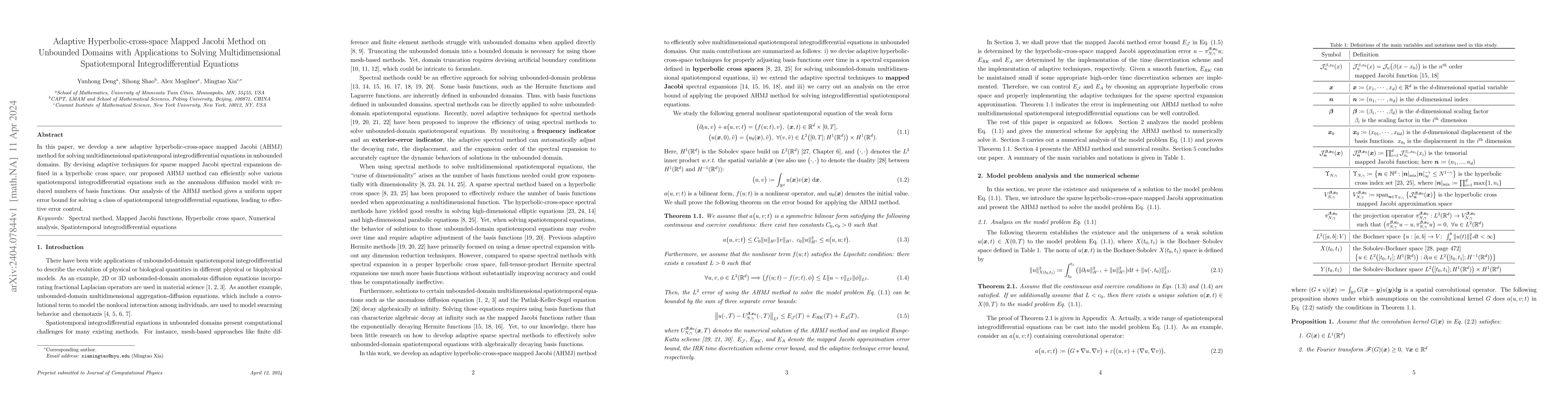 Thumbnail for Adaptive Hyperbolic-cross-space Mapped Jacobi Method on Unbounded
  Domains with Applications to Solving Multidimensional Spatiotemporal
  Integrodifferential Equations