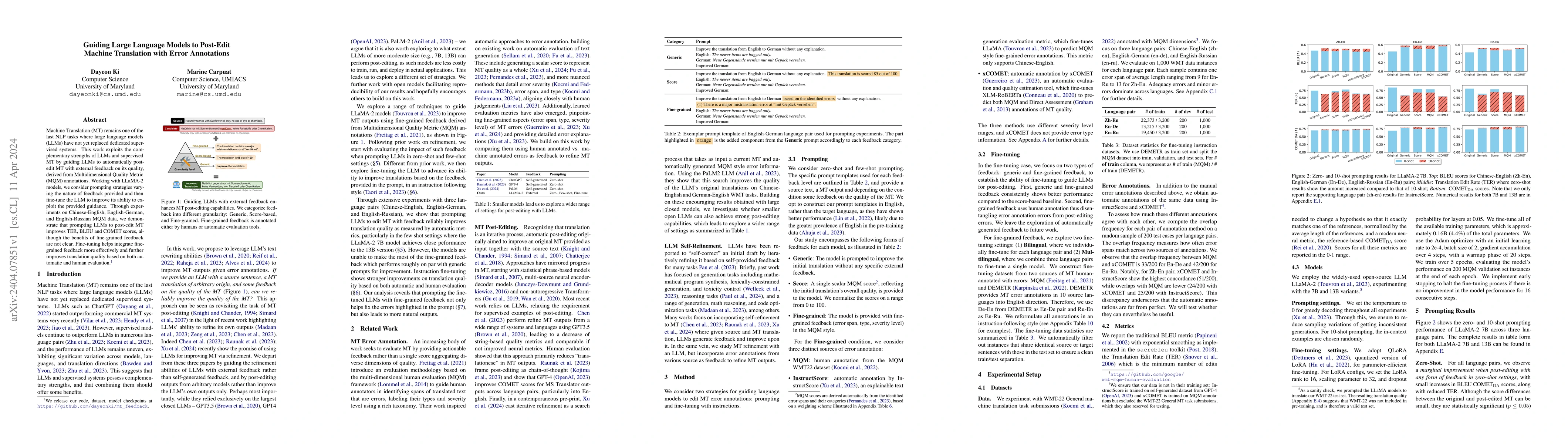 Thumbnail for Guiding Large Language Models to Post-Edit Machine Translation with
  Error Annotations